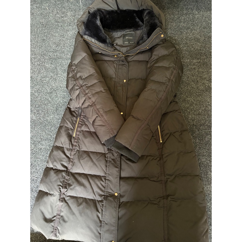 Zara Basic Black Long Puffer Coat Faux Fur Collar Hooded Parka XL